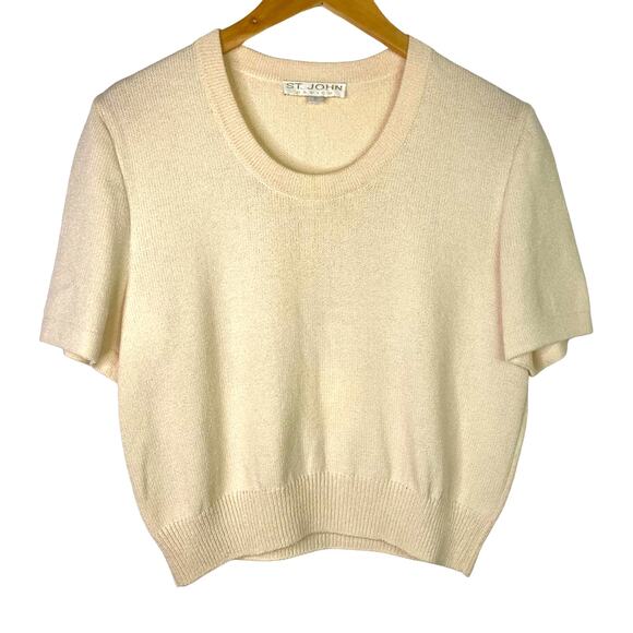 St. John Cream Top Short Sleeve Blouse Knit Beige Basics Medium - Picture 1 of 7